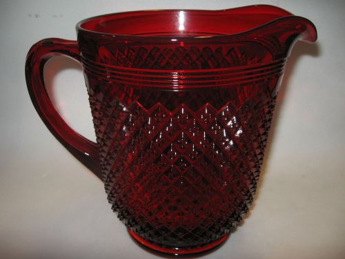 Large Ruby Red Glass water serving Pitcher diamond Pattern tea lemonade lace art
