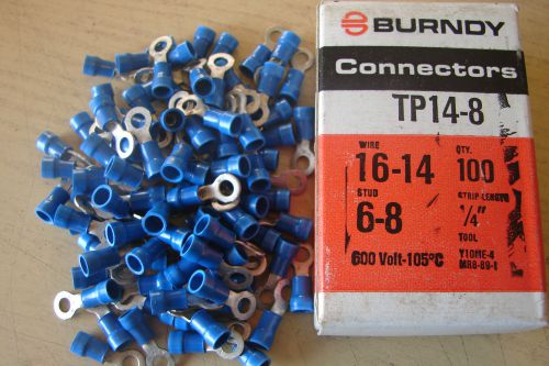 100 BURNDY Blue NYLON Insulated RING Terminal Connectors 16-14 Wire #6-8 Stud