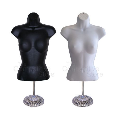 2 pcs. black + white female mannequin torso forms with economic plastic base for sale