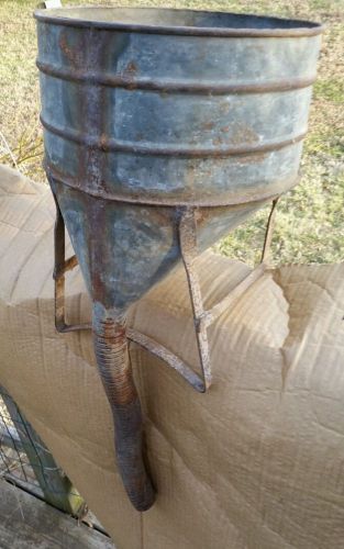 vintage galvanized Offset funnel on metal BASE w flex spout - Planter? repurpose