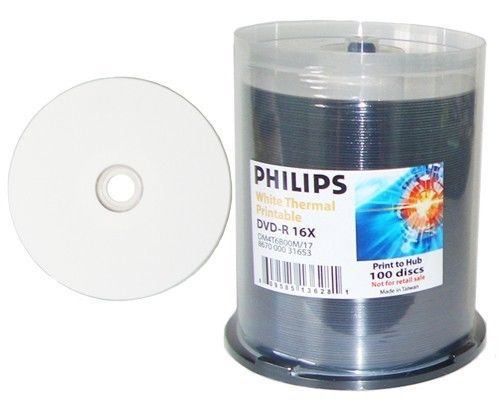 100 Philips DVD-R 16X White Thermal Hub Printable Disc