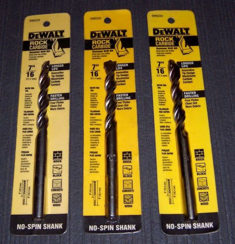3 ea. dewalt dw5234 7/16&#034; x 6&#034; rock carbide spiral hammer drill bits for sale