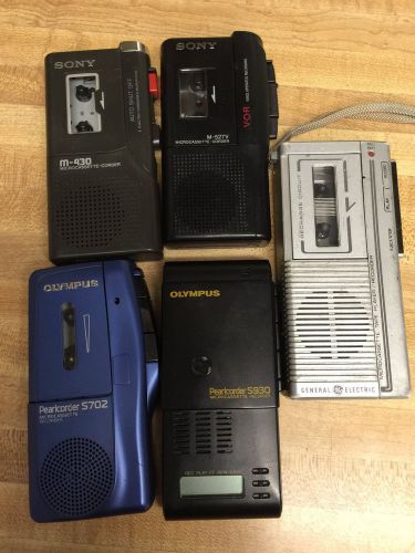 Lot of 5 microcassette recorder,Sony m-430, m-527v, olympus s930,s702 ,GE, Parts