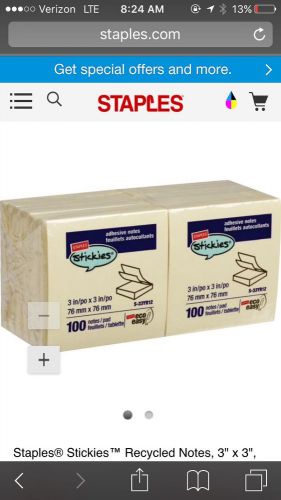 Staples® Stickies™ Recycled Notes, 3&#034; x 3&#034;, Yellow, 12 Pads/Pack (S-33YR12)