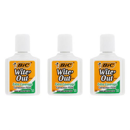 &#034;BIC Wite-Out Extra Coverage Correction Fluid, 20 Ml Bottle, White, 3/pack&#034;