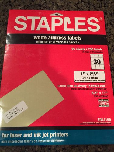 STAPLES White Address Labels 750  1&#034; x 2 5/8&#034; 25 Sheets NEW For Laser / Ink Jet