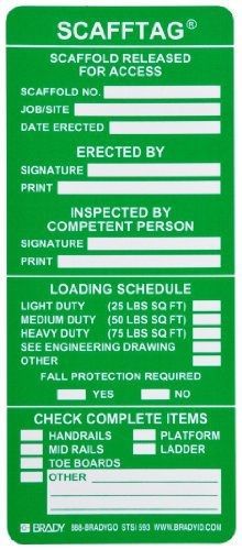 Brady scaf-stsi593 7-5/8&#034; height, 3-1/4&#034; width, polyester, green color scafftag for sale