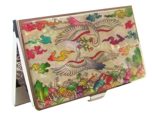 MOTHER OF PEARL BOX_NAME CARD HOLDER CASE_RED CROWNED CRANE DESIGN (white)