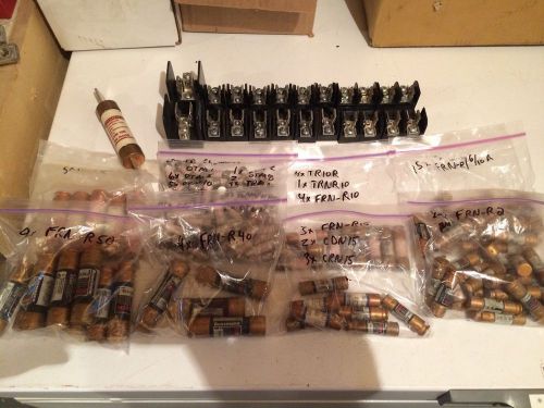 Lot of 140 fuses and 9 holders ferraz shawmut, gould, bussman 10a, 40a, 50a, 100 for sale