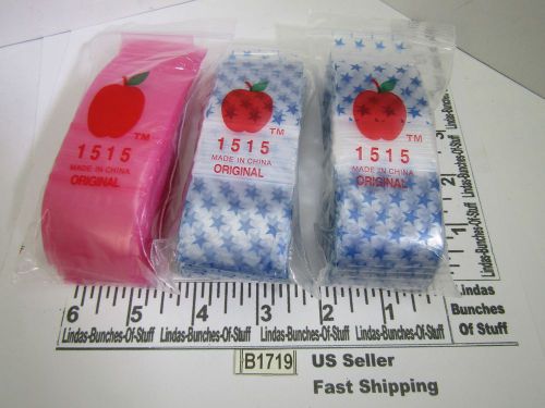 3 bags of 100 1.5&#034; x 1.5&#034; 2 mill plastic zip seal 2 blue stars 1 pink b1719 for sale