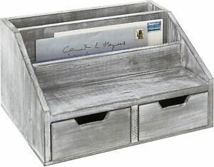 Gray Whitewashed Wood Desktop Document &amp; Mail Organizer w/ 2 Slide-Out Drawers