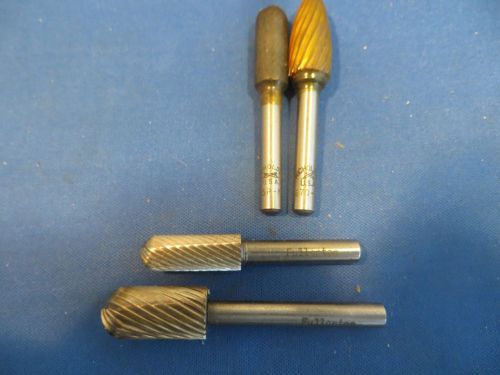 CARBIDE BURS,  4 EACH 1/4&#034; SHANK, USA. TWO NEW, TWO USED