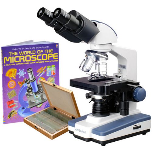 2500X LED Binocular Compound Microscope w 3D-Stage, Book &amp; 100 Prepared Slides