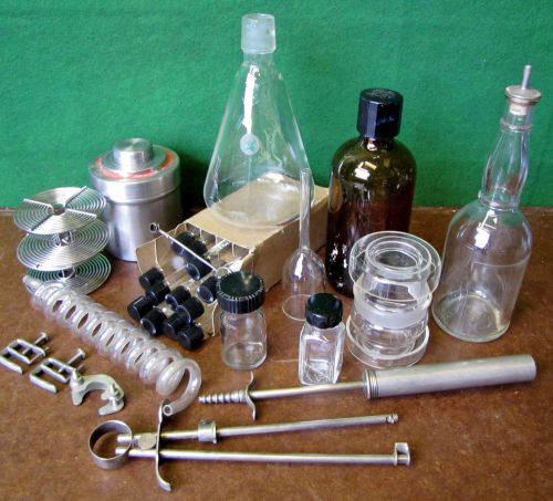 Vintage pyrex lab glass bottles &amp; burners vials clamps &amp; tube glass cutter etc. for sale