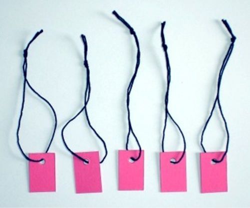 Strung jewellery tags.  Bubblegum pink tag/black string. Approx 23x15mm. Pack/50
