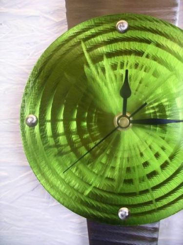 Green Silver Metal Wall Clock Hand Crafted Etched Stainless Steel Time Piece Art
