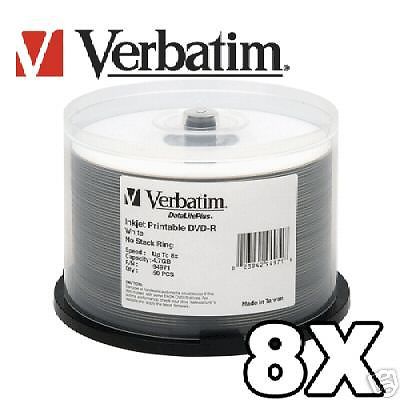 50 Verbatim 94971 8x DVD-R White Inkjet Printable Recordable Blank DVD Media