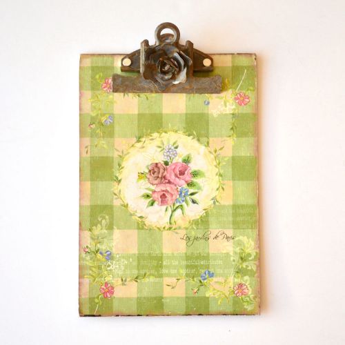 Shabby Cottage Chic Petite Green Clipboard Roses Vintage Style Cute Gingham