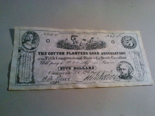 Old Confederate Civil War $5 doller large size note bank paper rare copy