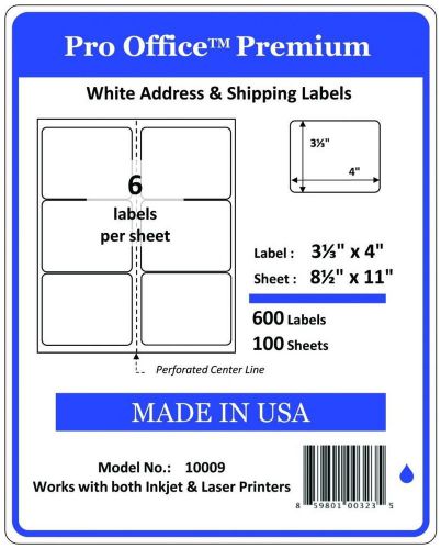 Po09 a pack(600labels) pro office selfadhesive 4&#034; x 3.33&#034; shipping labels  5164 for sale