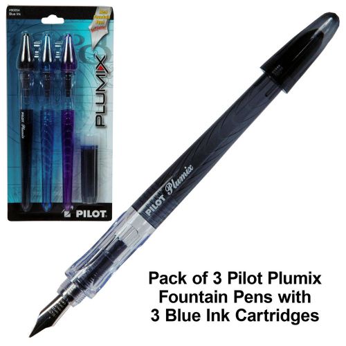 Pilot Plumix 90054, 3-Pack Blue Ink Refillable Fountain Pens &amp; Ink Cartridges