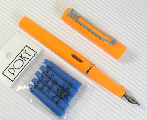 JINHAO 599B Fountain pen ORANGE plastic barrel free 5 POKY cartridges BLUE ink