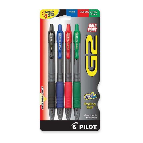 Assorted 4 Pack Pilot G2 Retractable Premium Gel Ink Roller Ball Pens, Bold Poi