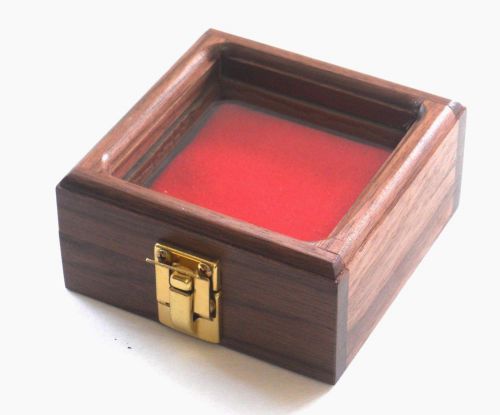Small walnut wood glass top lid red awards medals pins pocket watch display case for sale