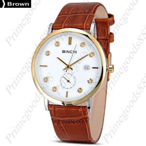 Thin gold rhinestones date quartz wrist analog sub dial men&#039;s wristwatch brown for sale