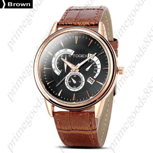 PU Leather False Sub Dials Date Gold Analog Quartz Men&#039;s Wrist Wristwatch Brown