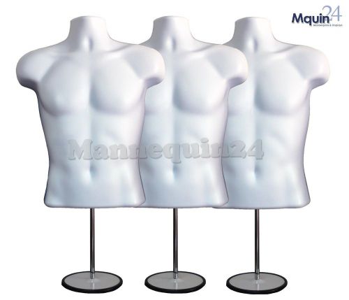 3 WHITE MALE TORSO MANNEQUIN FORMS w/3 Stands + 3 Hanging Hooks, Man&#039;s Clothings