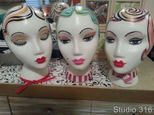 SET OF 3  Fully Hand Painted Styrofoam Display Heads Wig Display Mannequin Head