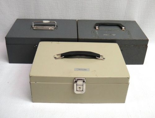 Lot of 3 metal petty cash boxes w/ coin tray, carrying handle gray &amp; tan for sale