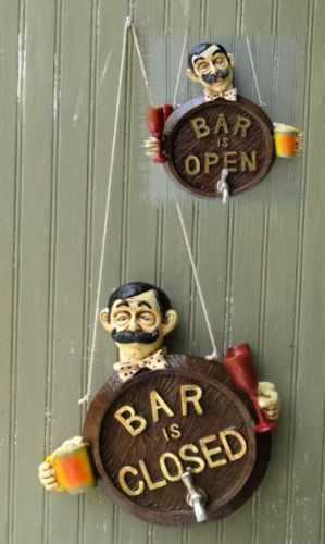 Bar open &amp; closed old man face sign door window shop store business for sale