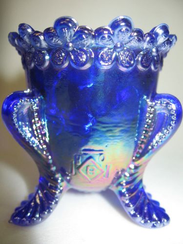 Cobalt Carnival glass tabletop toothpick holder 3 toe flowers purple iridescent