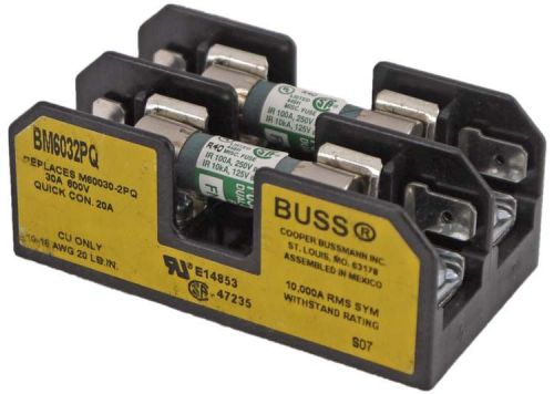 Cooper bussmann bm6032pq buss 2-pole 600v 30a fuse holder block unit +2x fuses for sale