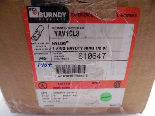BURNDY  YAV1CL3 COPPER COMPRESSION LUG 1/2&#034; STUD Hylug 1 AWG AN-1 BOX OF 140