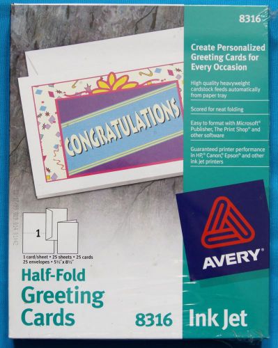 AVERY 8316 - HALF FOLD GREETING CARDS - INKJET , 25 CARDS 5-1/2&#034; X 8-1/2&#034; NEW