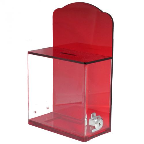 Acrylic Red Charity Box W/Back Wall Curved Display Area with lock &amp; 2 keys 04TR