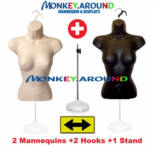 +2 Hangers 1 Stand 2 Female Mannequin Flesh Black Torso Form Display Shirt Dress
