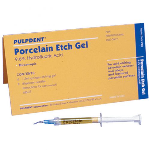 Pulpdent Porcelain Etch Gel 9.6% Hydrofluoric 4 x 1.2 mL Syringes, 8 bent tips