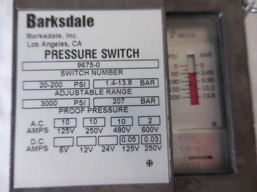 Barksdale Pressure Switch Model 9675-0 Range 20-200 PSI. NWOB