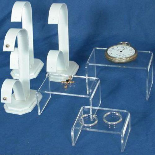 3 White Faux Leather Earring Display 3 Acrylic Risers