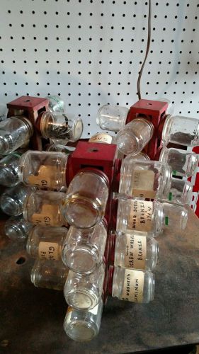 Vintage Lot of 3 Rotating 16 Glass Storage Jars, Industrial, Shop, Nuts Bolts