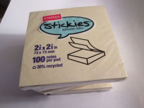 Staples &#034;STICKIES&#034; Adhesive Notes 2-7/8 x 2-7/8 100 notes/pad, lot of 5