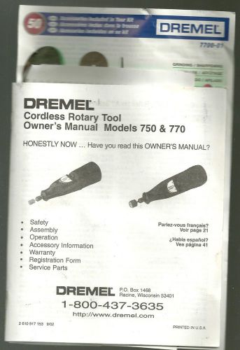 Dremel Cordless Rotary Tool Owner&#039;s Manual Models 750 &amp; 770 plus extra