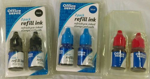 Lot of 6 Stamp Pad Refill Inks; 2 Black, 2 Blue, &amp; 2 Red (.35 ounces each)