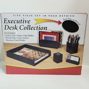5 Piece Executive Desk Set Collection Faux Brown Ostrich
