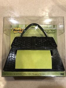 New 3M Post It Note Dispenser Black Purse w/ Designed Notes 3&#034; x 3&#034; Weighted