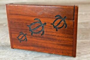 Vintage Hand Carved Turtles Business Card Case Wooden Box Cherry Finish